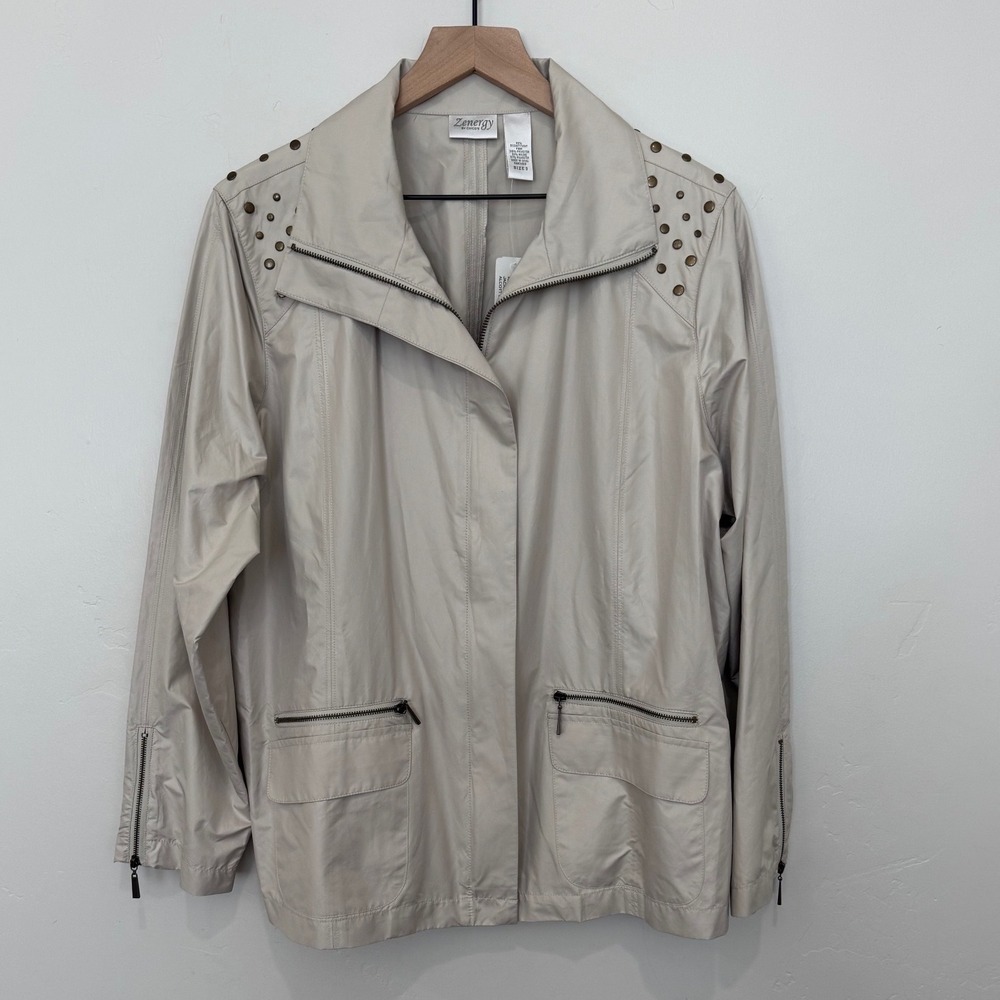 Chicos Kendel Jacket Beige Studded Shoulder Zip Utility Neutral Fall XL Size 3‎